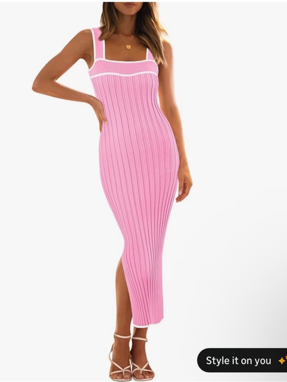 Sleeveless Pink Ribbed Midi Dress with Side Slit - Picture 2 of 3